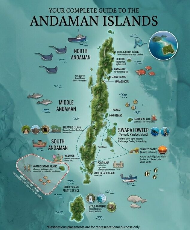 Andaman Islands map showing island flow for travel agents