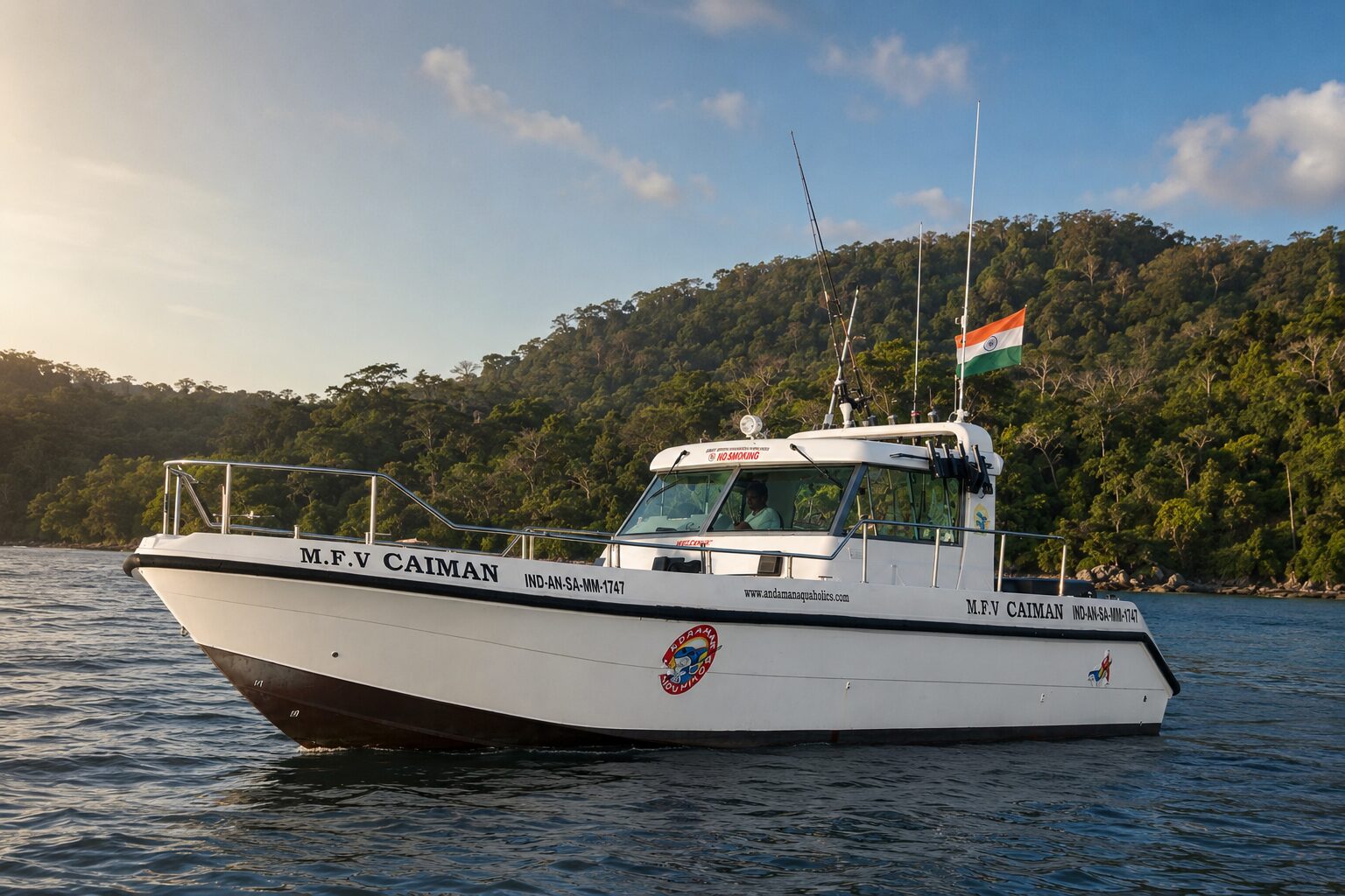 Private charter boat speeding between islands in Andaman, an alternative to the public ferry
