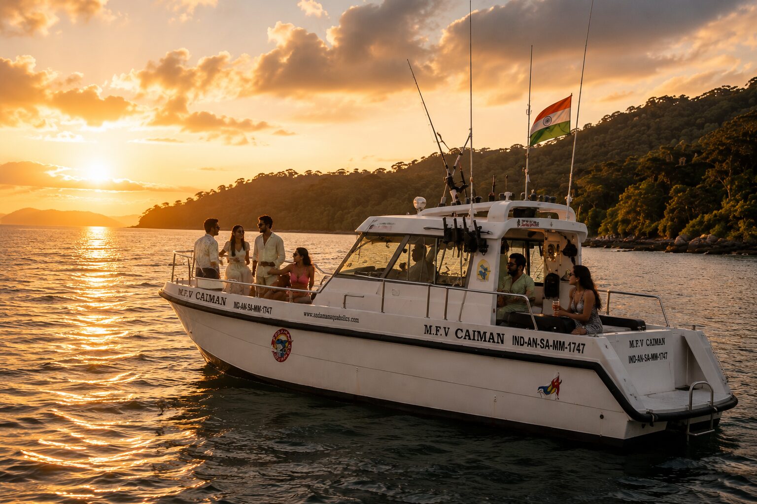 Guests enjoying a private sunset cruise aboard a luxury charter boat off the coast of Andaman