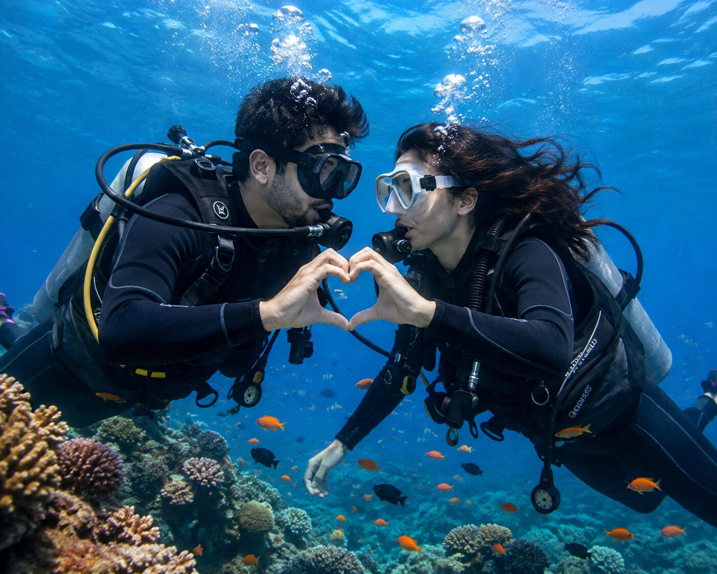 Couple scuba diving together in Andaman
