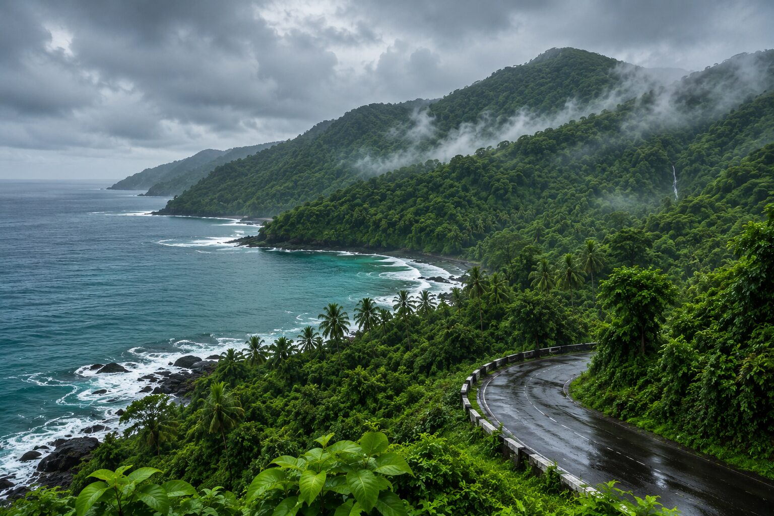 Lush green island landscape during Andaman in monsoon season