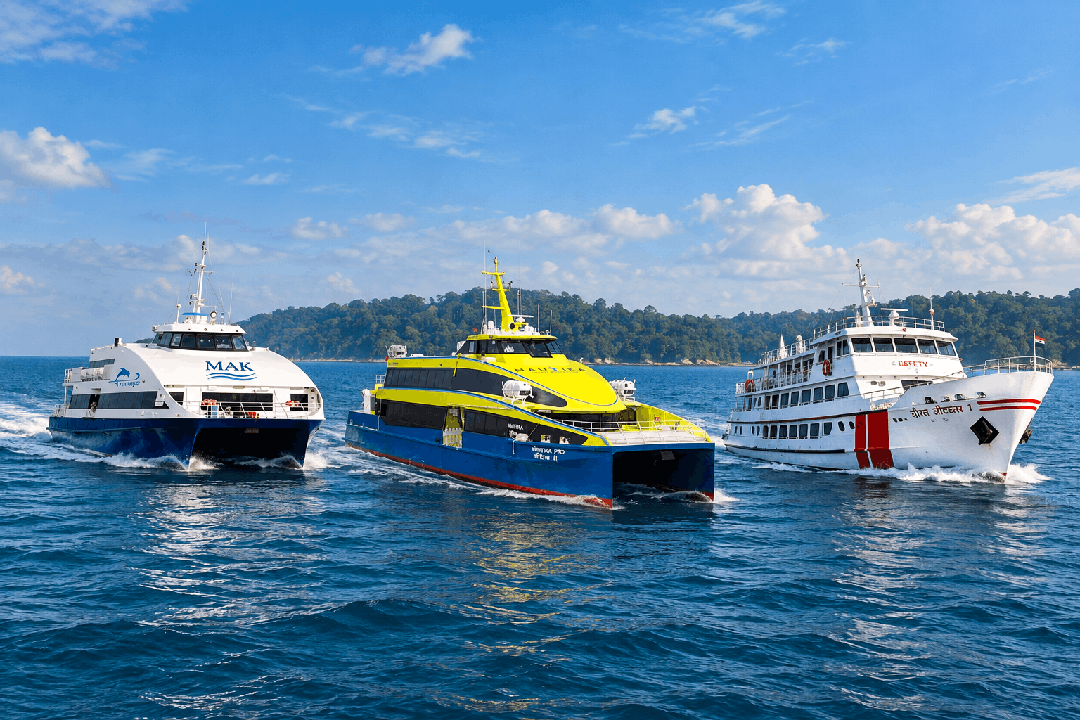 Andaman ferry guide 2026 showing Makruzz and Nautika catamarans crossing the Andaman Sea