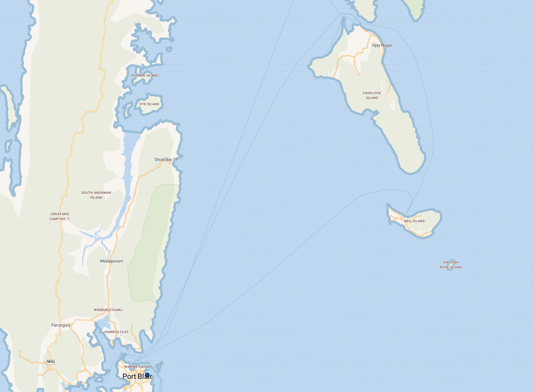Andaman Islands ferry route map showing Port Blair, Havelock, Neil and secondary islands